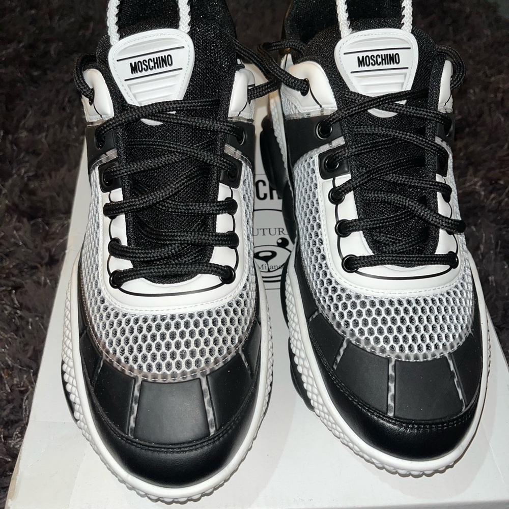 Moschino Black and White Bear Detail Sneakers Brand New